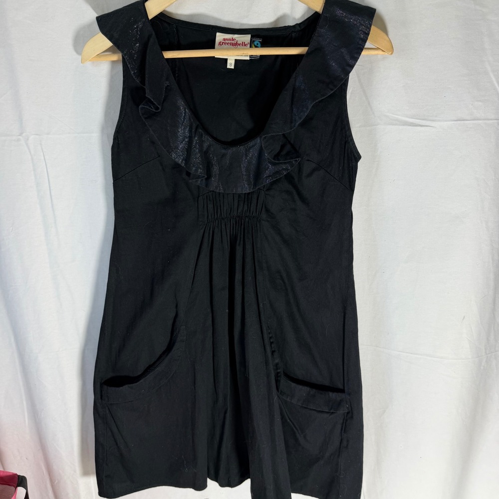 Annie Greenabelle Black Organic Cotton Ruffle Neck‎ Mini Dress Size 8 EU Made